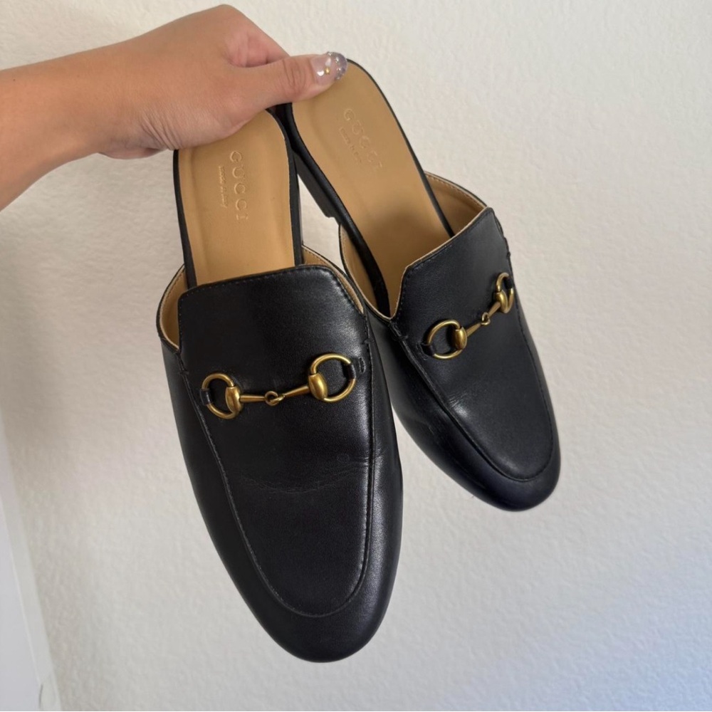 Gucci Black and Gold Leather Mules with Horsebit Detail - Picture 1 of 4